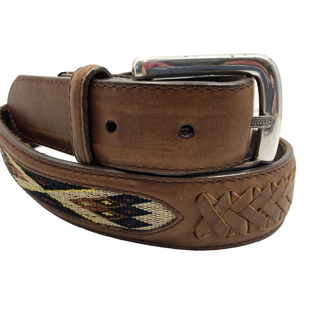 New Brighton Belt Brown Leather Southwestern Woven Inlay Cowboy sz 32